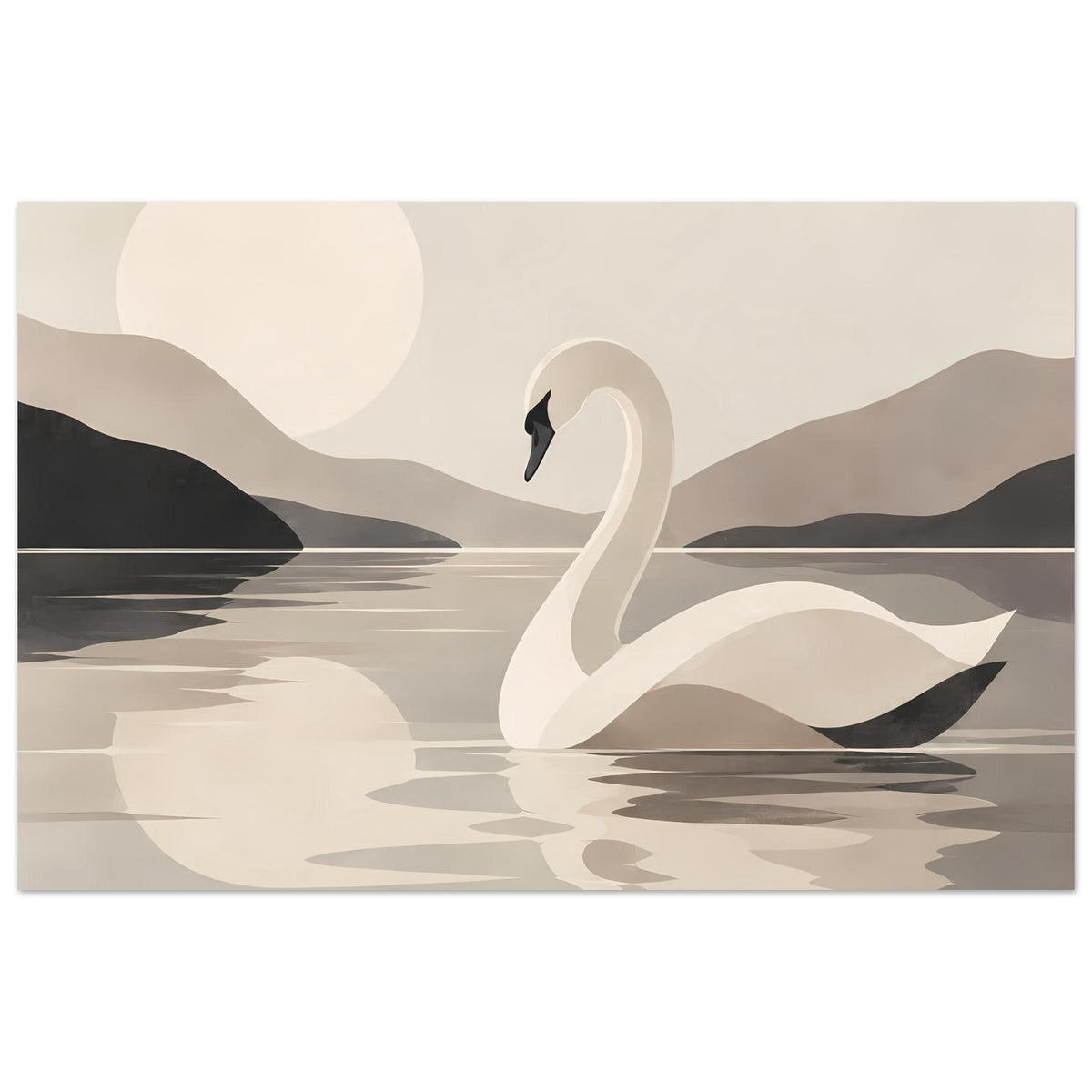Kunstposter mit weißem Schwan im ruhigen See, Spiegelung und dunklen Wasser- und Bergformen