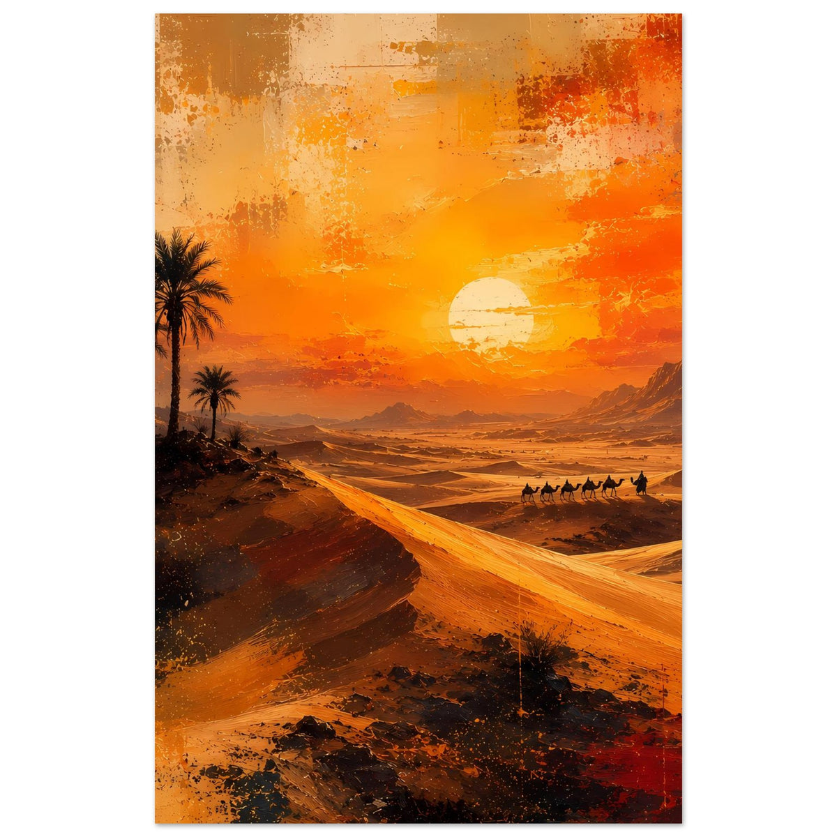 Poster im Hochformat mit Palmen, goldenen Wüstendünen, Sonne und Karawane am Weg