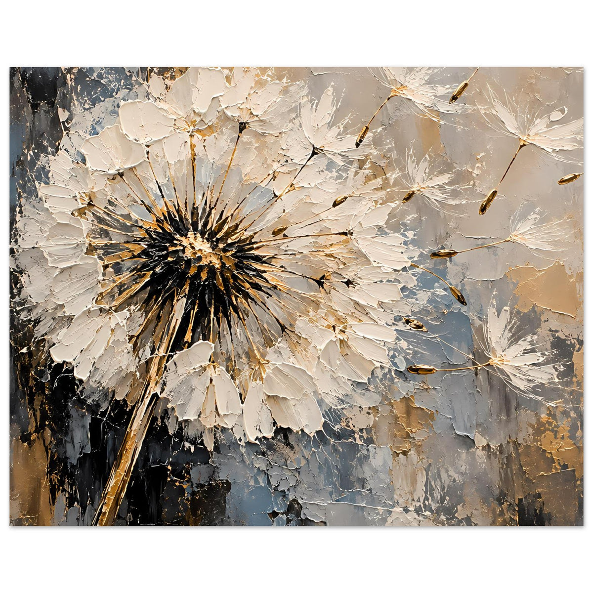 Deko-Poster: Pusteblume mit abstrakten Rissen, Blau, Creme, Gold und Schwarz