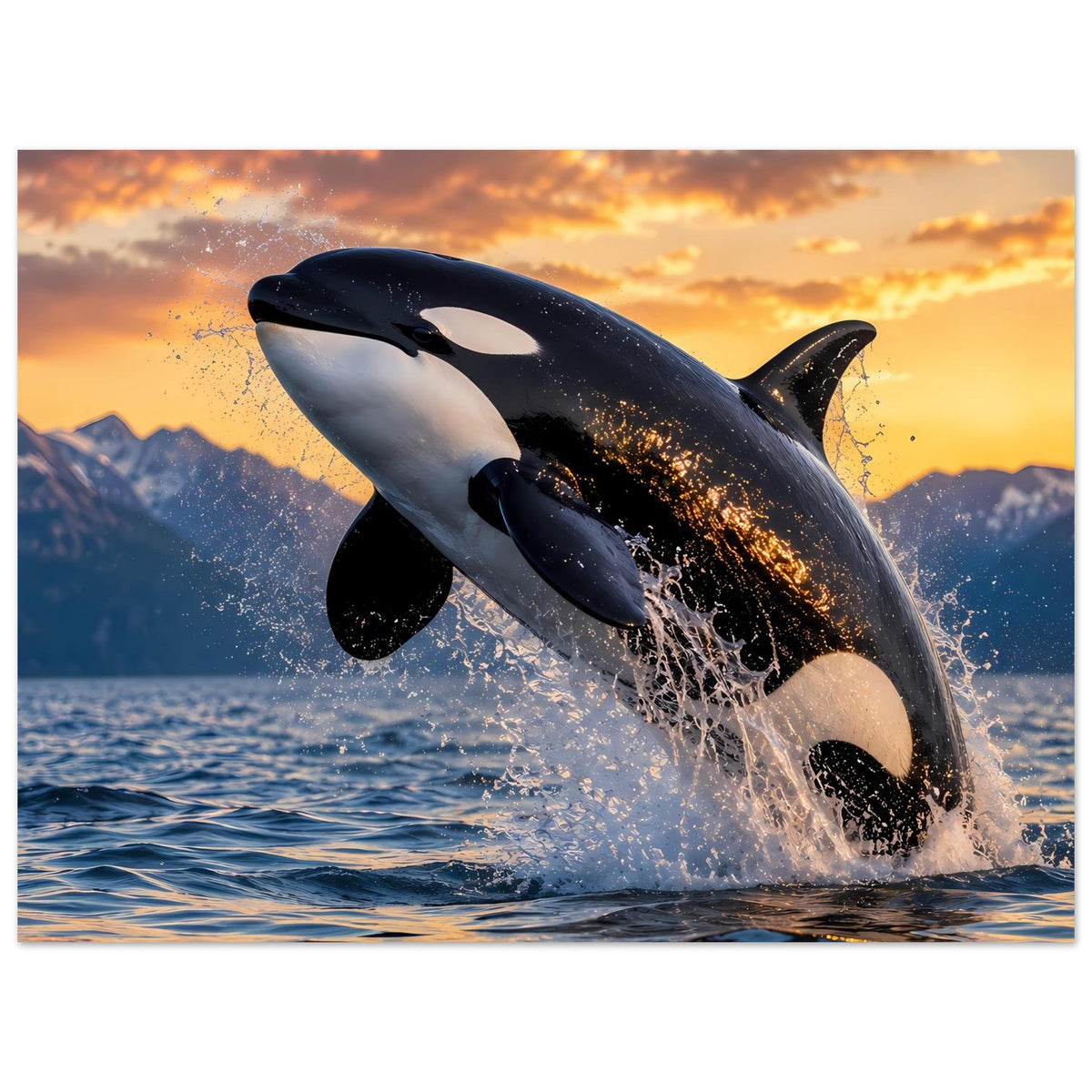 Poster im Querformat mit Orca im Sprung, schwarzer und weißer Körper, Spritzwasser