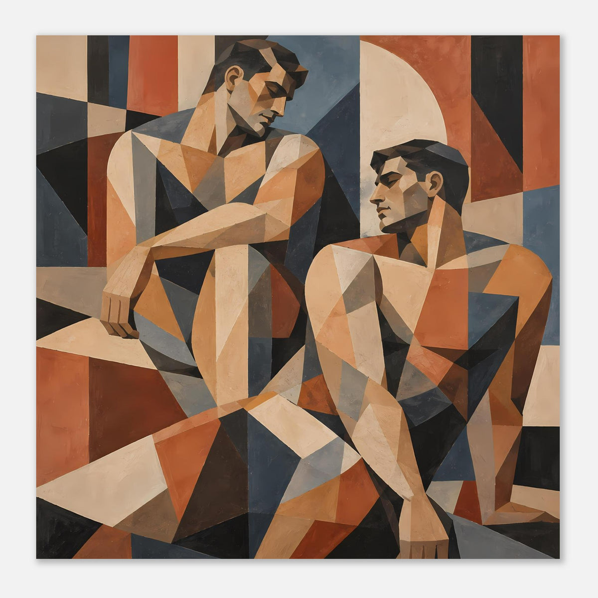 Geometrisches Kunstposter mit zwei Figuren im Polygonstil, warmes Farbschema aus Beige und Braun