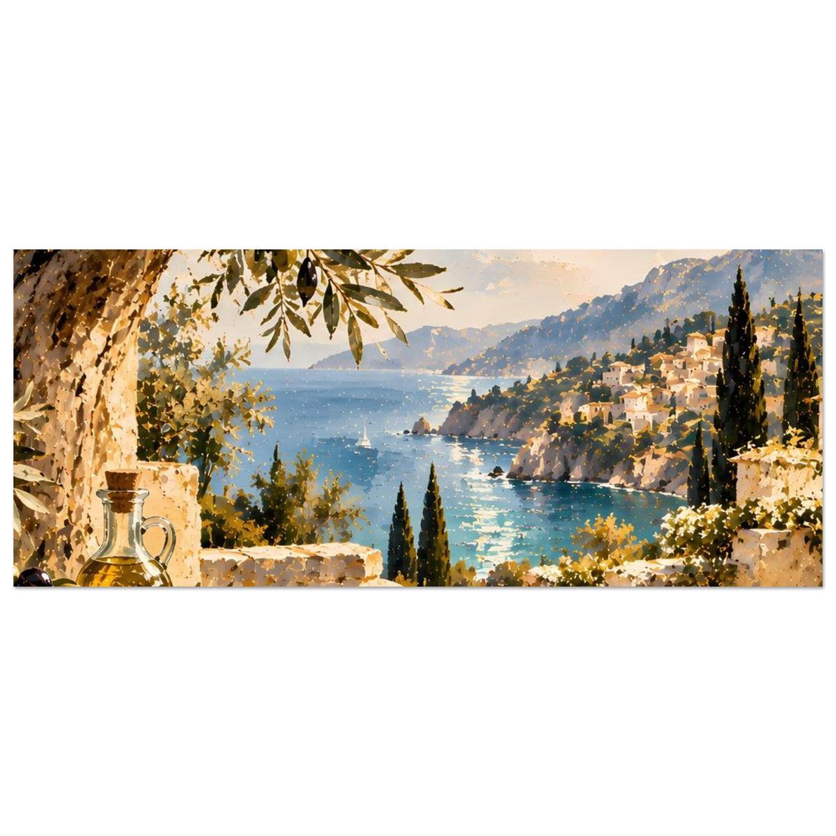 Horizontales Poster mit mediterraner Bucht: Olivenzweig, Meer, Berge, Steinterrasse und Flasche