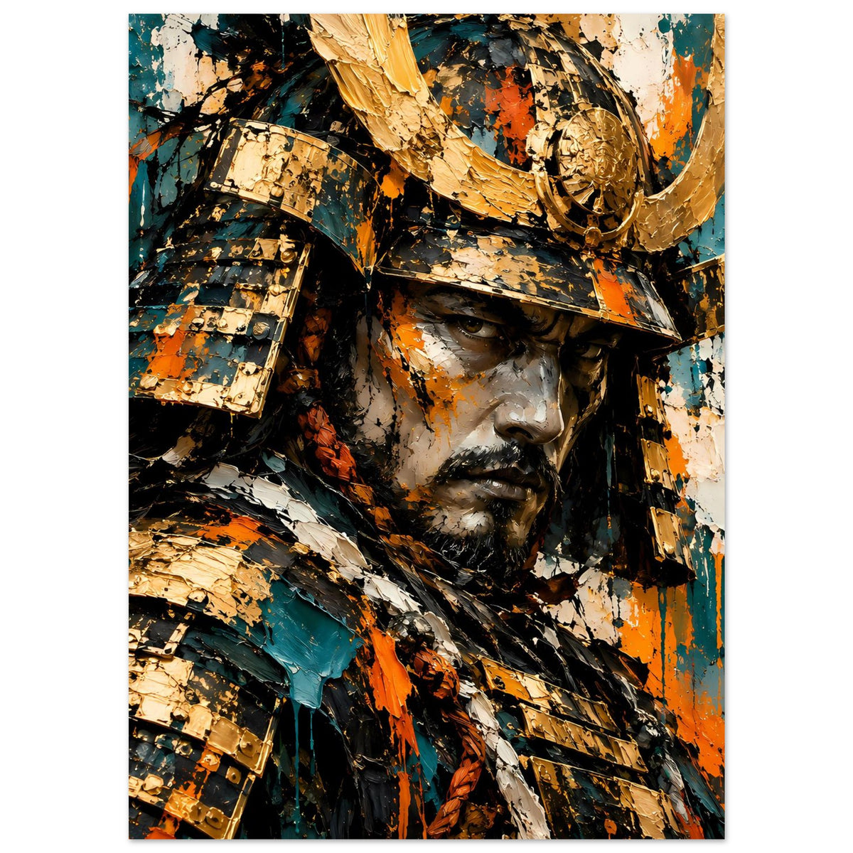 Samurai-Krieger Poster, Fokus auf Helm und Brustpanzer mit goldenen Platten