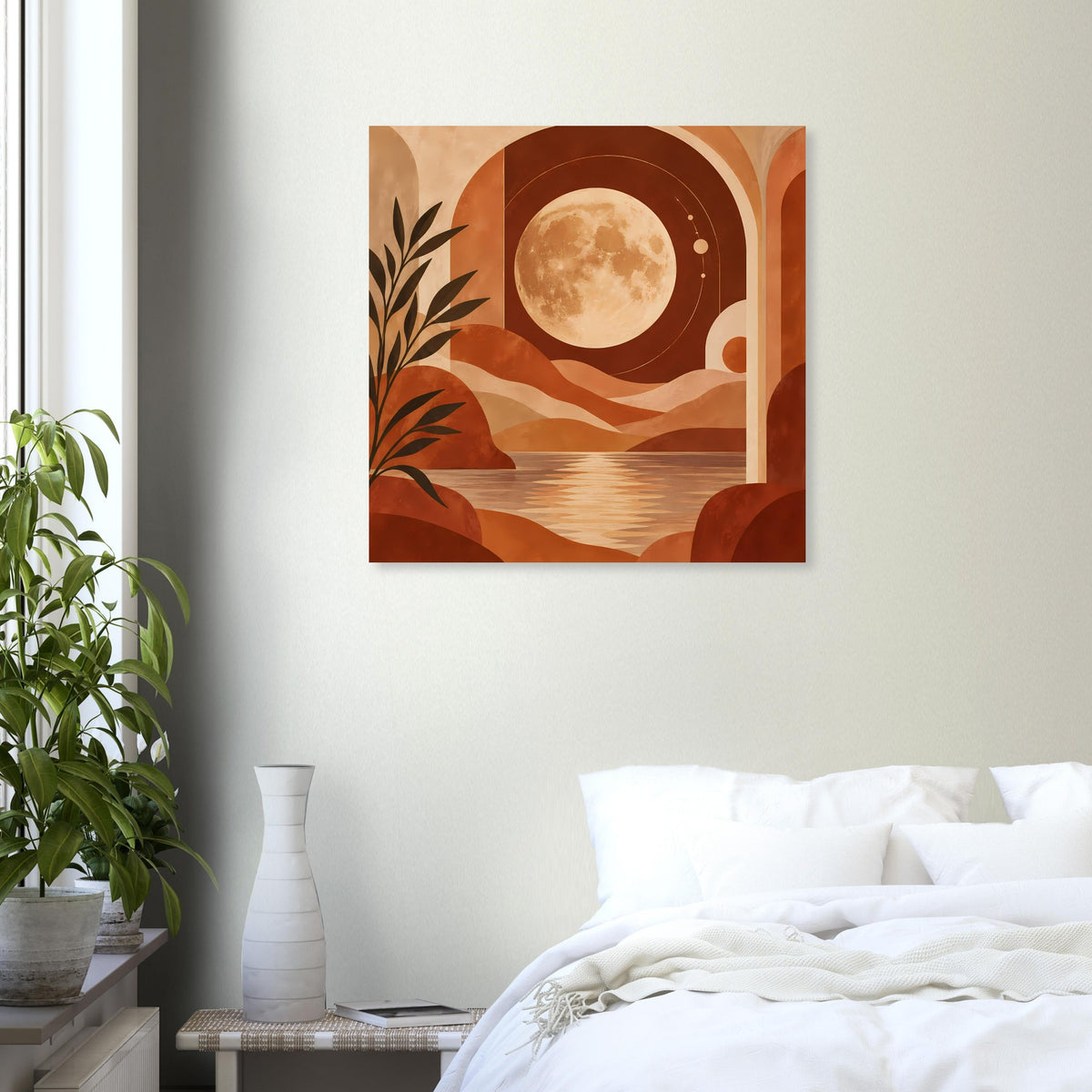 Boho-Poster an Wand: Vollmond, Wellenlandschaft und geschwungene Bögen in Terrakotta
