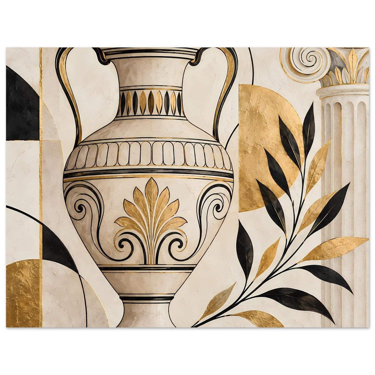 Wandposter mit Amphore und Blattornamenten in Schwarz-Gold, goldene Details oben rechts