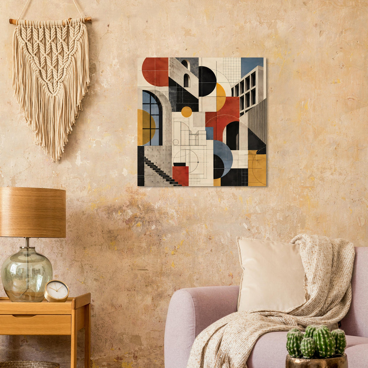 Kunstposter mit geometrischen Gebäudeflächen in Terrakotta, Schieferblau und Sandtönen