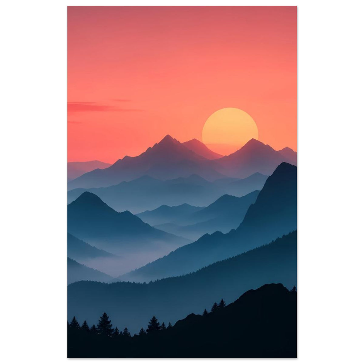 Landschaftsposter: pastelliger Sonnenuntergang über blauen Bergsilhouetten mit großer Sonne