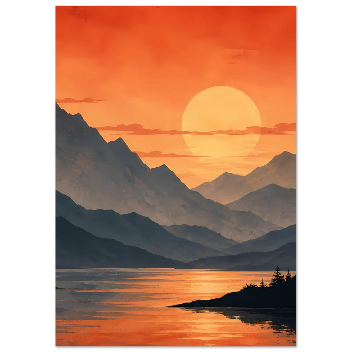 Wandbild: orangefarbener Sonnenuntergang über Bergsee mit dunklen Bergsilhouetten und warmem Himmel