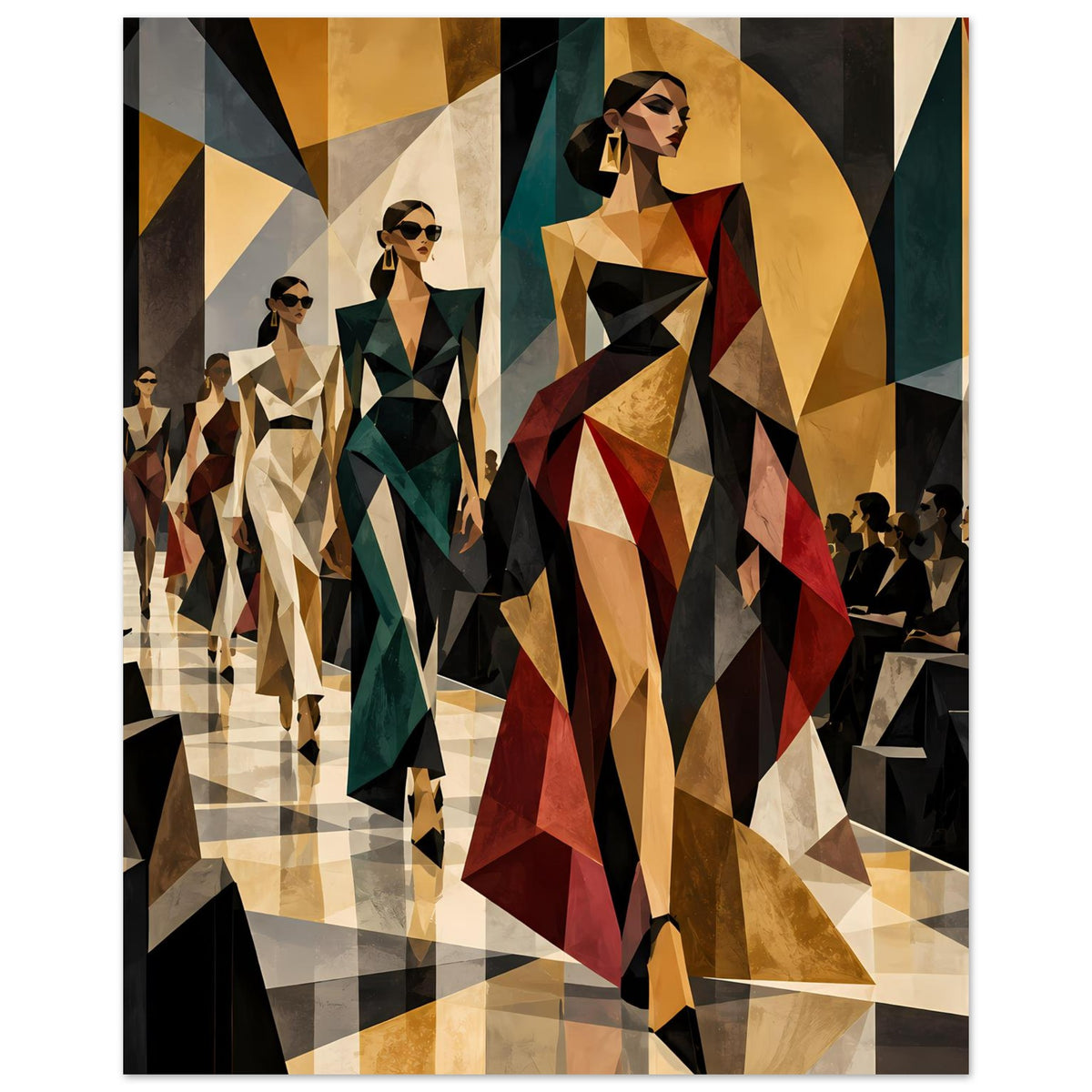 Fashion-Poster, geometrische Figuren am Laufsteg mit schwarzem, beigem und rotem Farbspiel