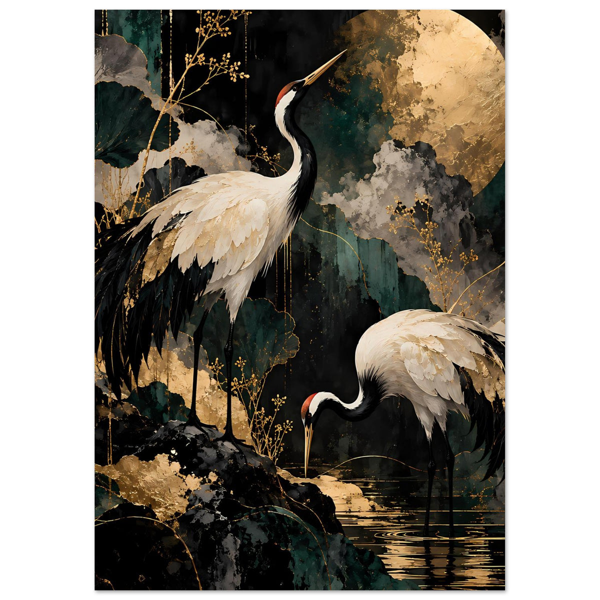 Kunstposter im Querformat: Kranichpaar in Schwarz, Weiß und Gold vor Mond