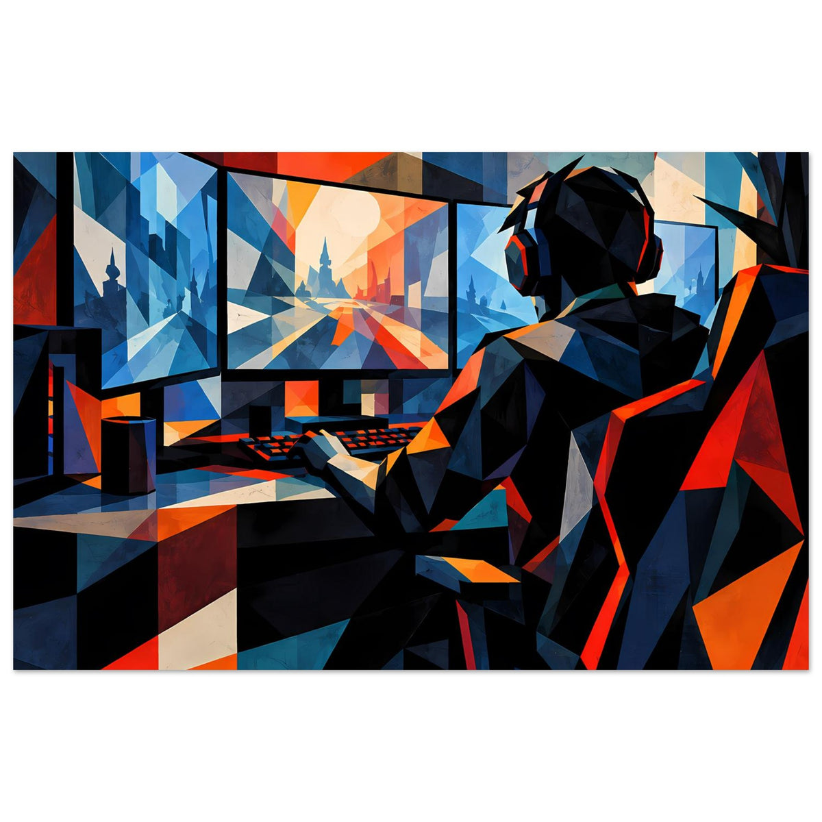 Gaming-Poster im Querformat: Spieler mit Kopfhörern, abstrakte Blau-Orange-Geometrie
