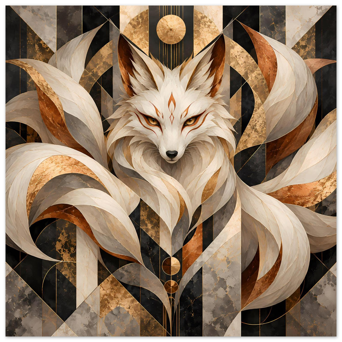Geometrisches Poster mit Fuchs-Motiv in Erdtönen und Gold, Vollansicht mit goldenem Kreissymbol oben