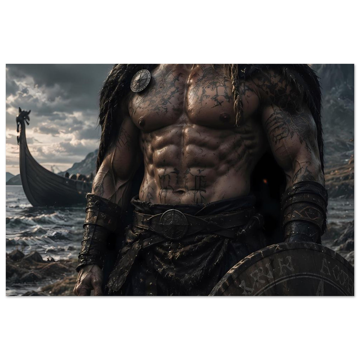 Fantasy-Poster mit Wikingerkrieger, halbe Figur und Schildkante unten rechts