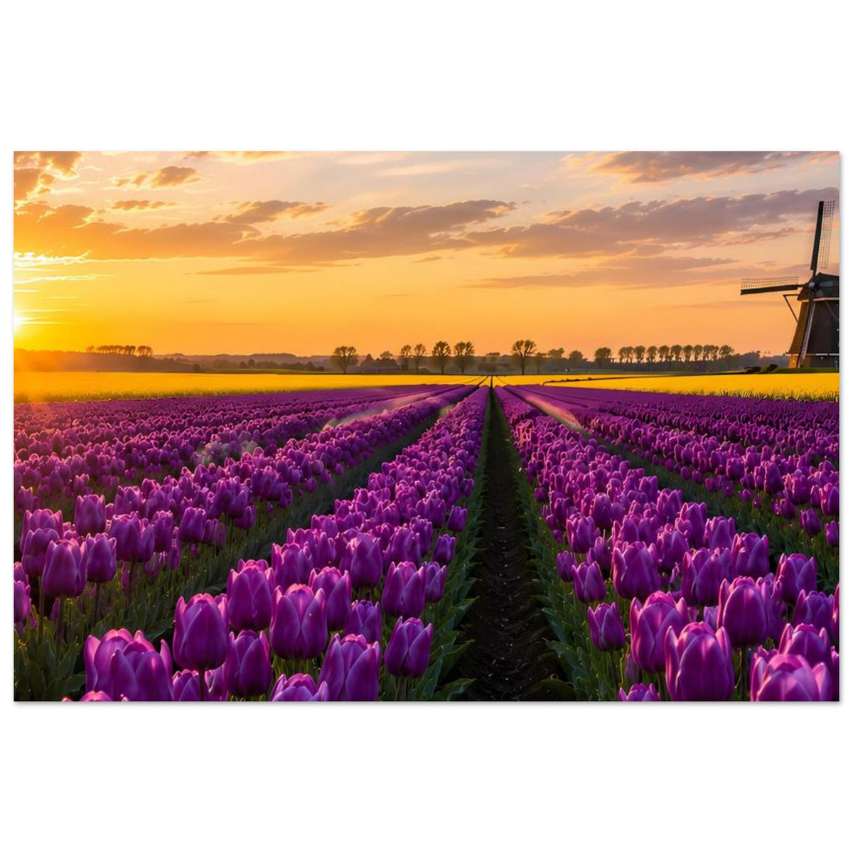 Poster: lila Tulpenallee im Sonnenuntergang mit Windmühle am rechten Bildrand