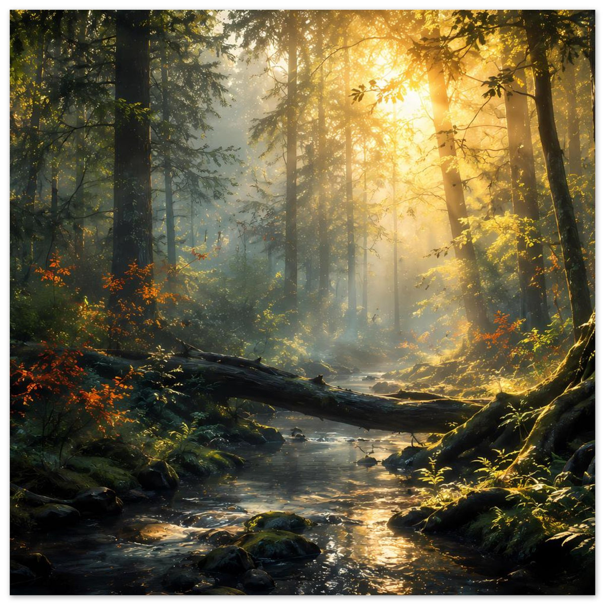 Horizontales Poster mit Bachlauf, dunklen Steinen und Sonnenstrahlen durch den Waldnebel