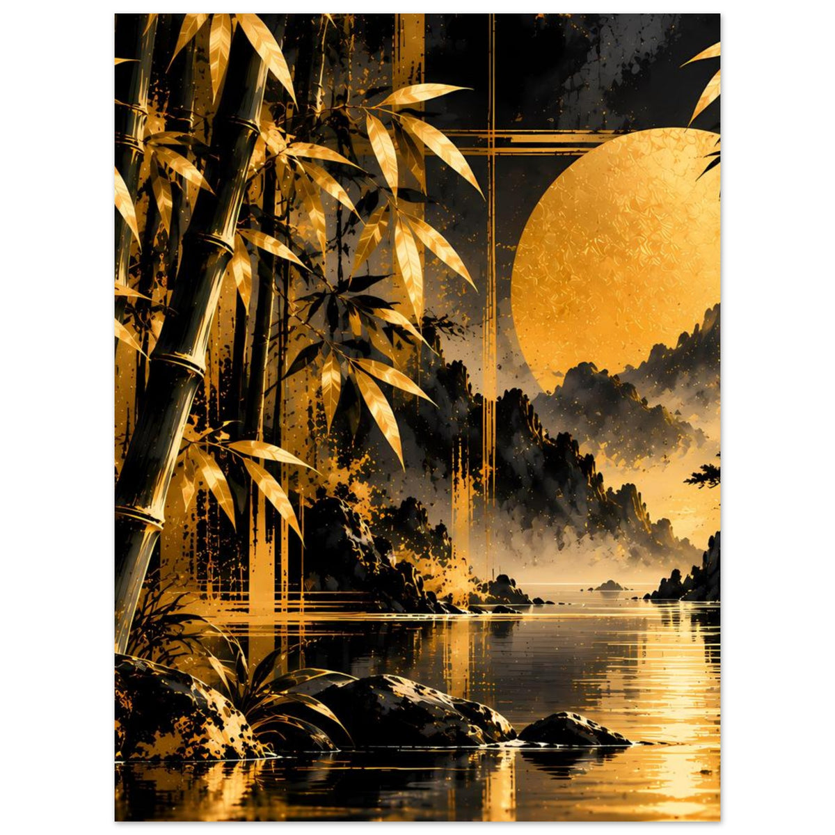 Poster mit goldener Bambuslandschaft, Abendhimmel und Spiegelung im Wasser, vertikal