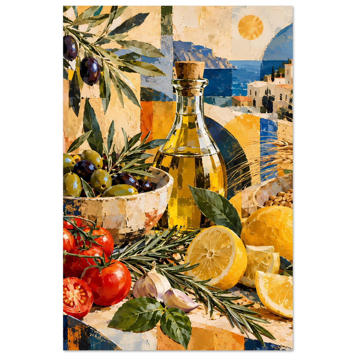 Wandposter Stillleben mit Ölflasche, Schale mit Oliven, Tomaten, Zitronen und Kräutern