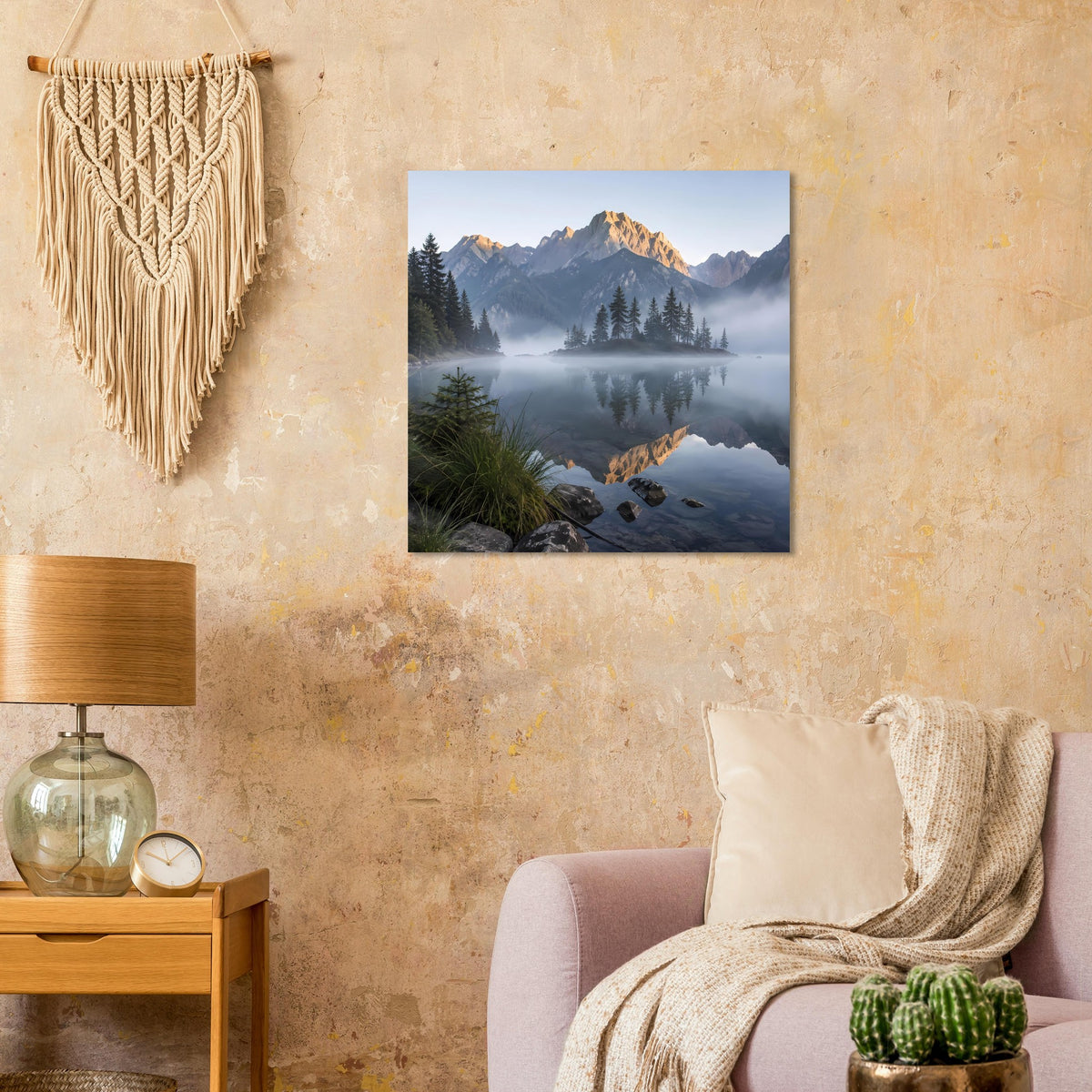 Quadratisches Poster mit Berglandschaft, ruhigem Bergsee und Gipfelspiegelung im Nebel