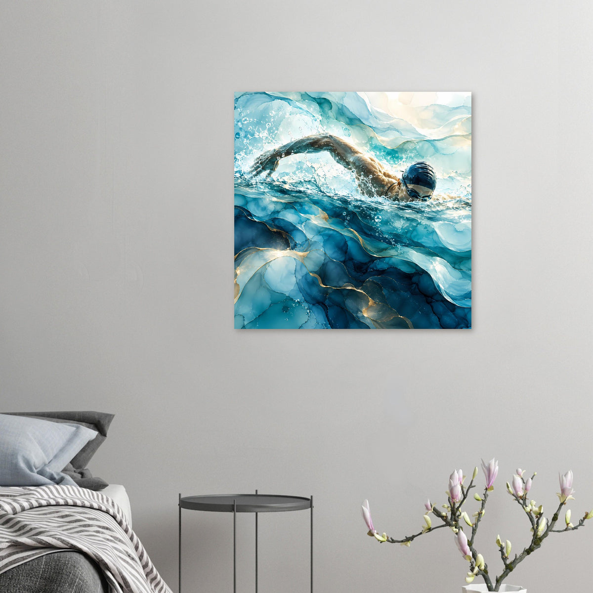 Schwimmer-Poster im Blau, kleinformatig: Taucher im Wasser mit klaren Blasen und Wellen