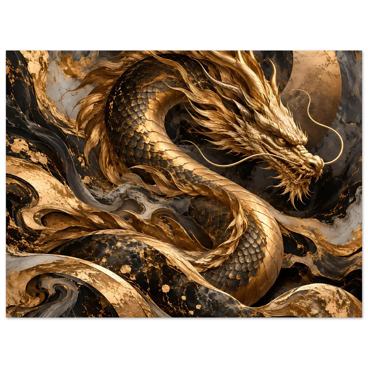 Fantasy-Poster mit goldenem Drachen, schillernden Schuppen und langem Schwanz im Bild