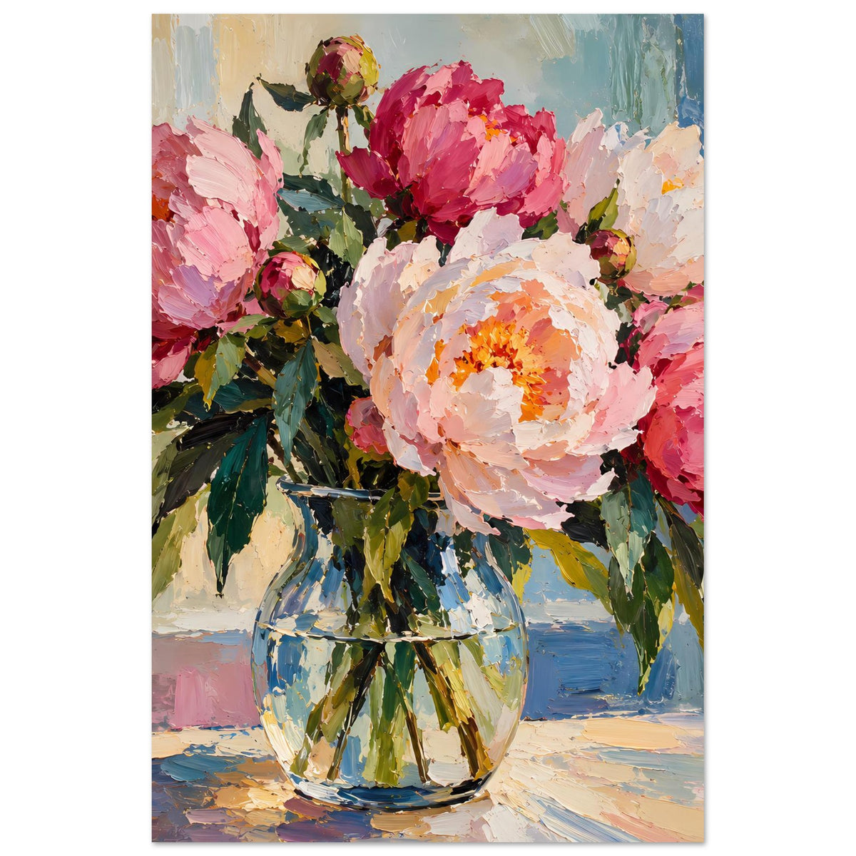 Blumenposter mit Pfingstrosenstrauß in Vase, Ölmalerei-Stil, hochformat