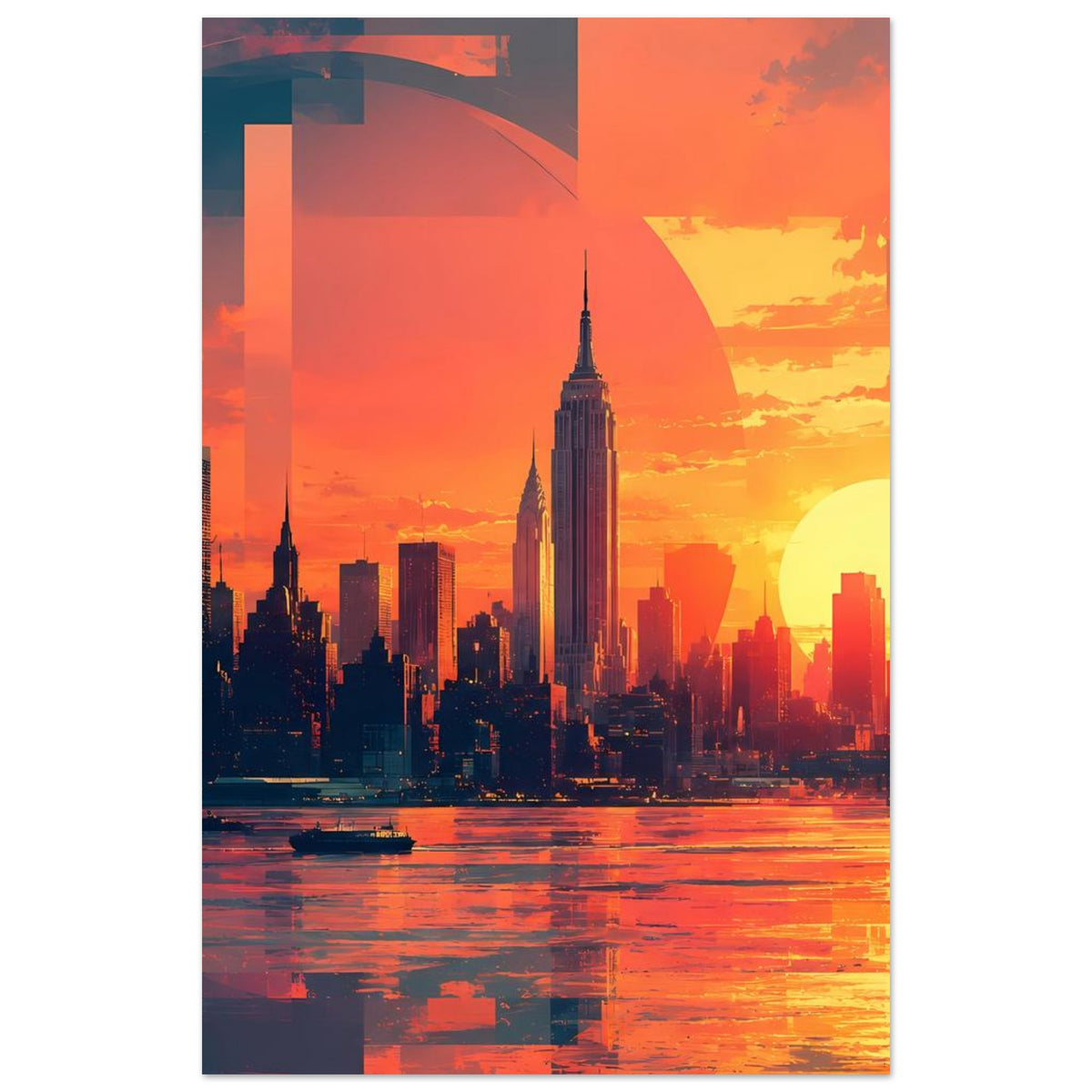 Schmales Hochformat-Stadtposter mit Skyline, orangefarbenem Himmel, großer gelber Sonne und Wasser