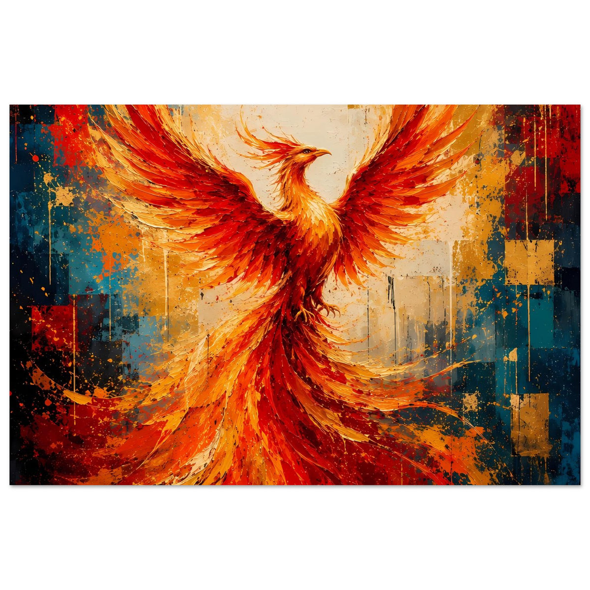 Poster mit Phönix in Rot-Orange, Detail der Flügel und flammenartige Federn