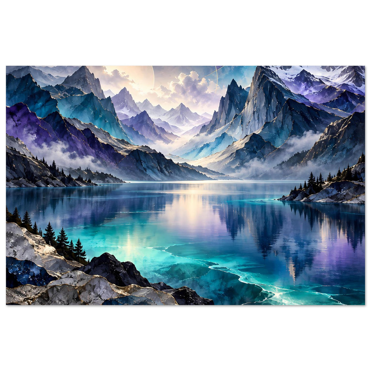 Querformatiges Poster mit Bergsee, Alpenpanorama, Nebelstreifen und türkisfarbenem Bachlauf am Rand