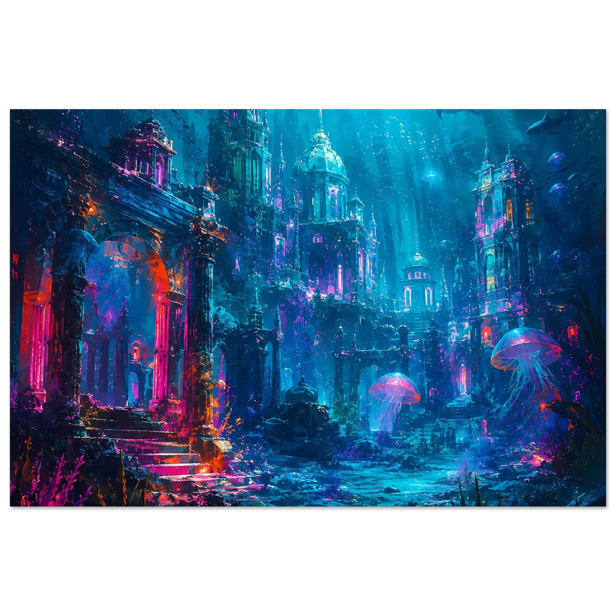 Unterwasser-Fantasy-Poster im Querformat mit versunkener Stadt und schwebenden Quallen