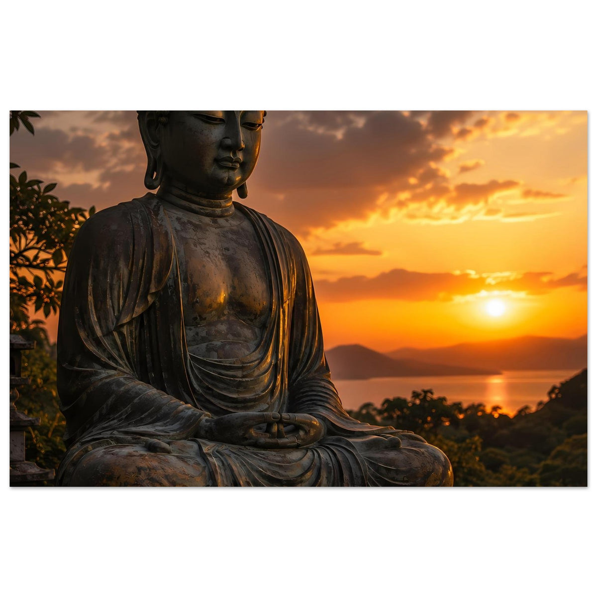 Poster mit sitzendem Buddha im Meditationssitz, dunkelgraue Statue von der Brust aufwärts