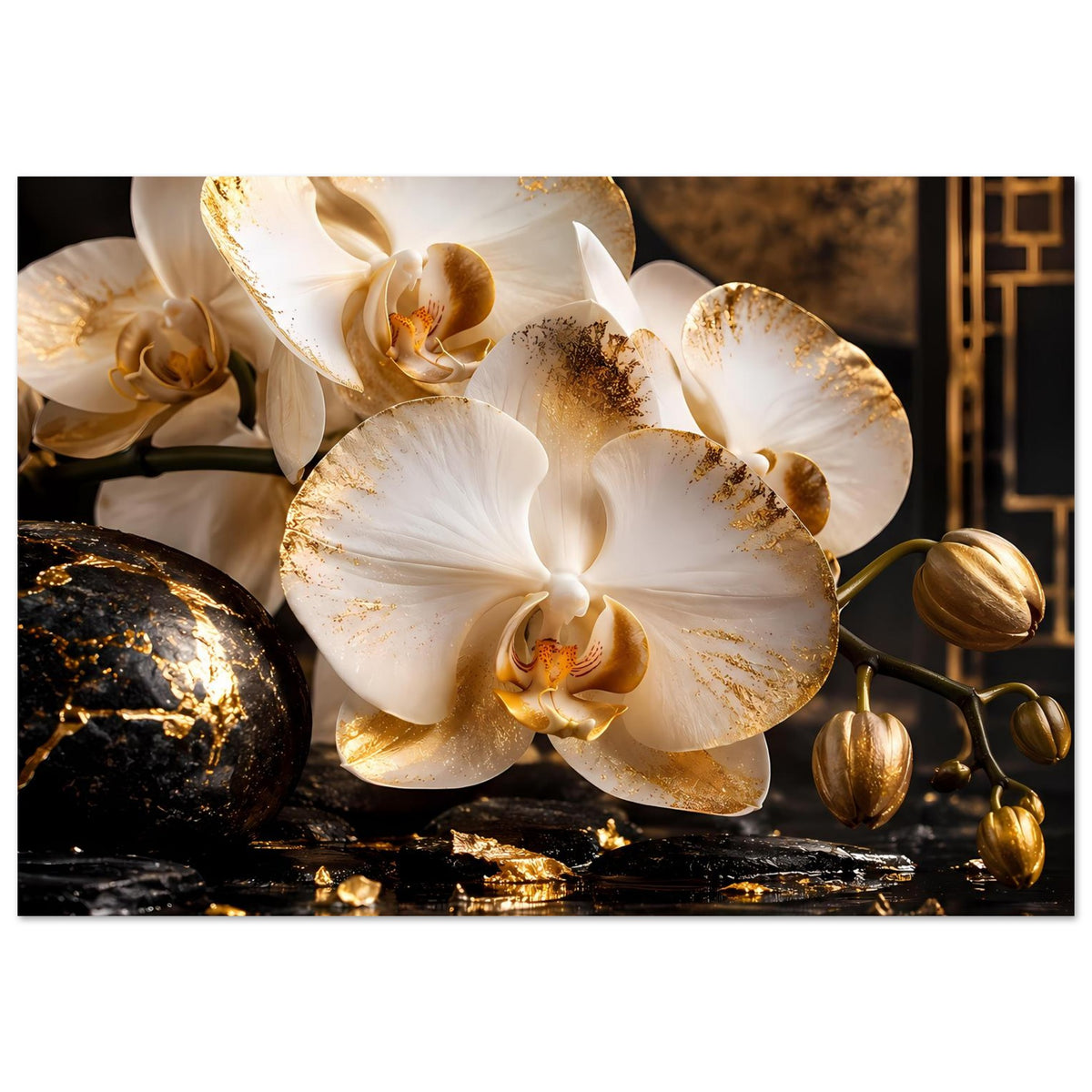 Orchideen-Poster im Bildausschnitt: weiße Blüten, goldene Akzente und goldfarbige Dekoteile