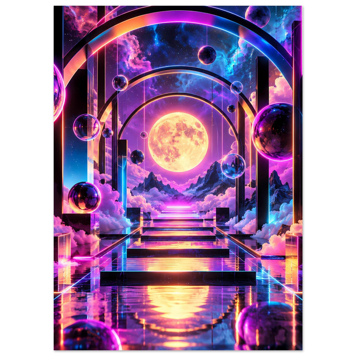 Nahaufnahme: rechteckiges Weltraumportal-Poster mit leuchtender Sonne, Treppe und schimmernden Planeten