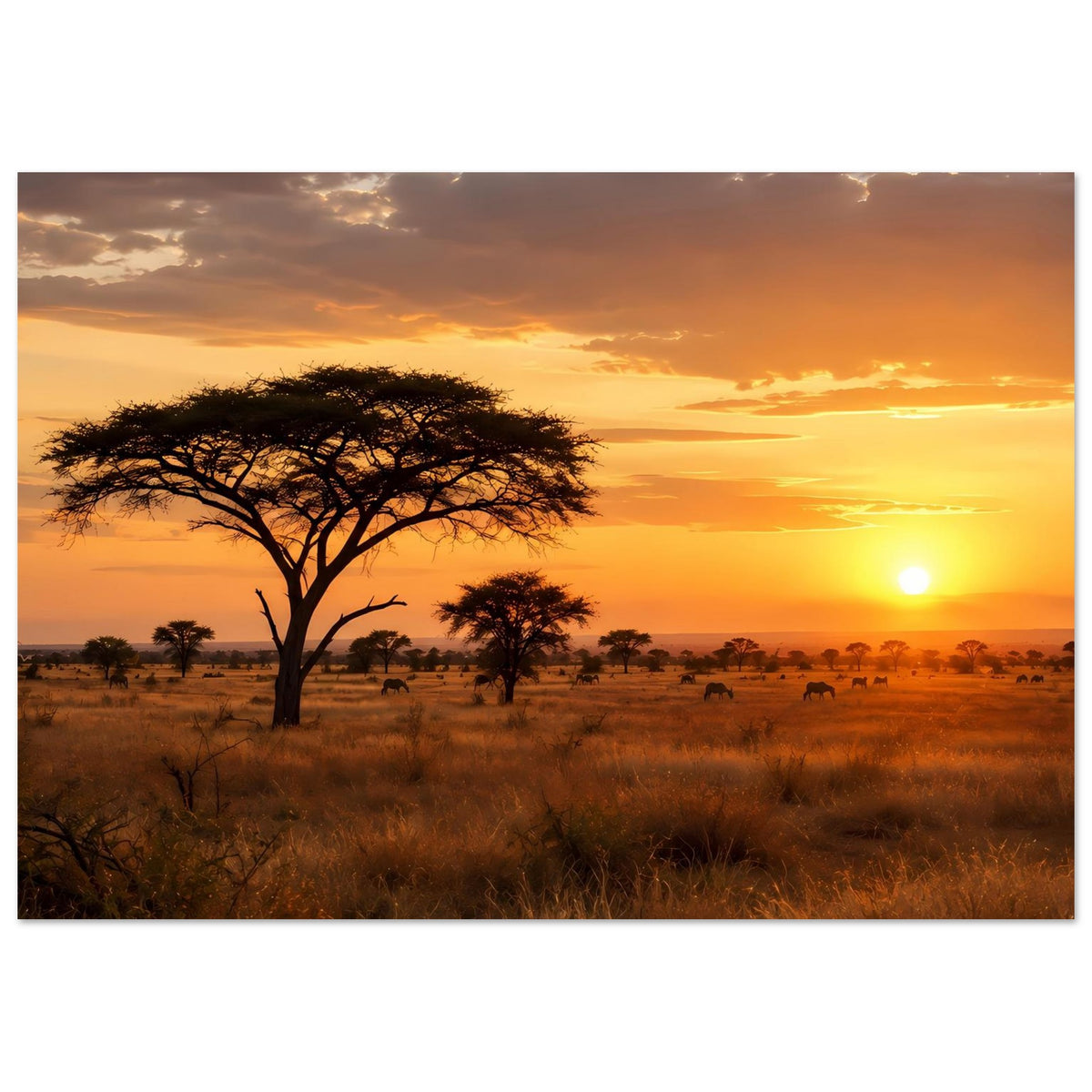 Poster mit Akazienbaum in der Savanne bei Sonnenuntergang, weite Landschaft