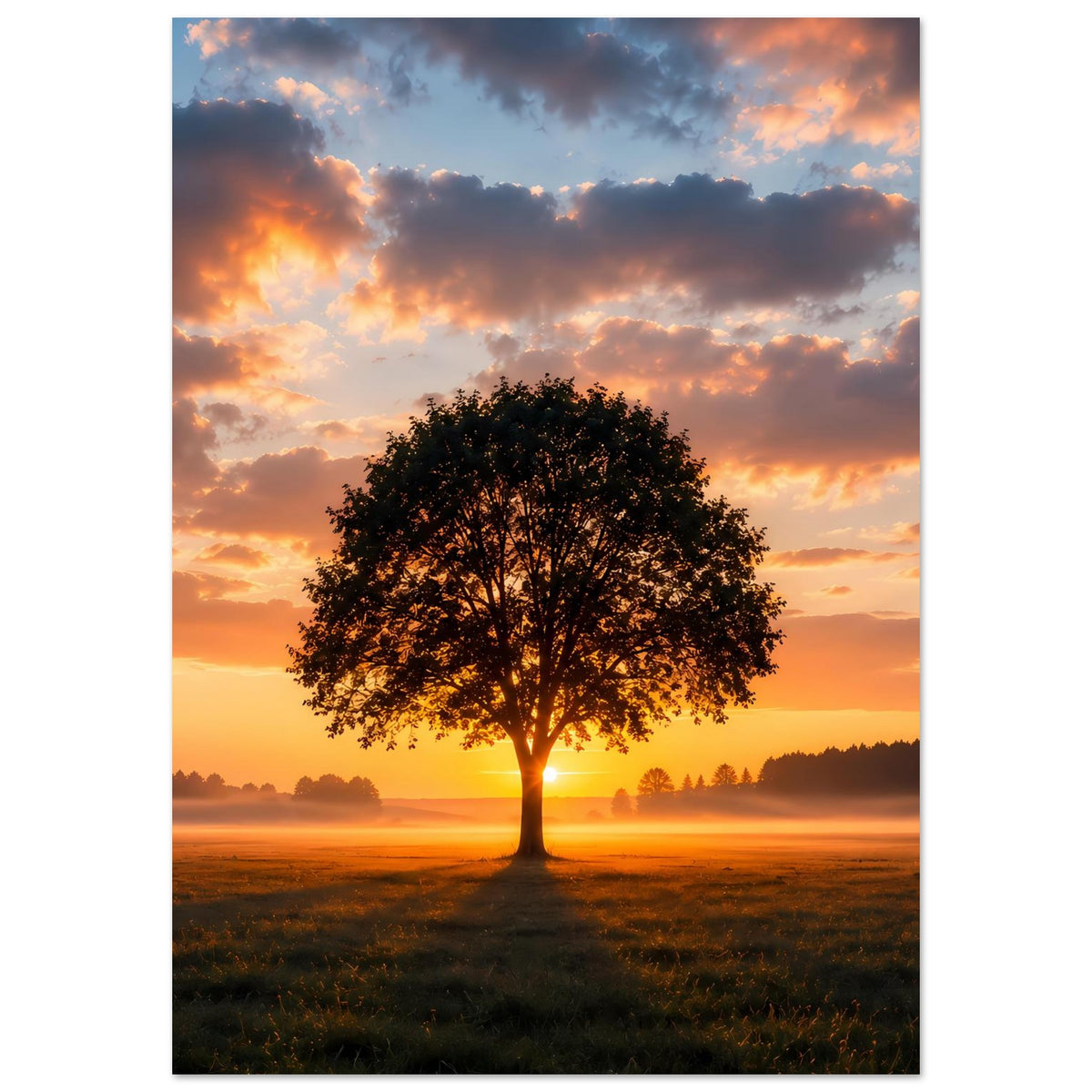 Wandposter, vertikal: Baum mittig vor orangefarbenem Sonnenuntergang über Wiesenfläche