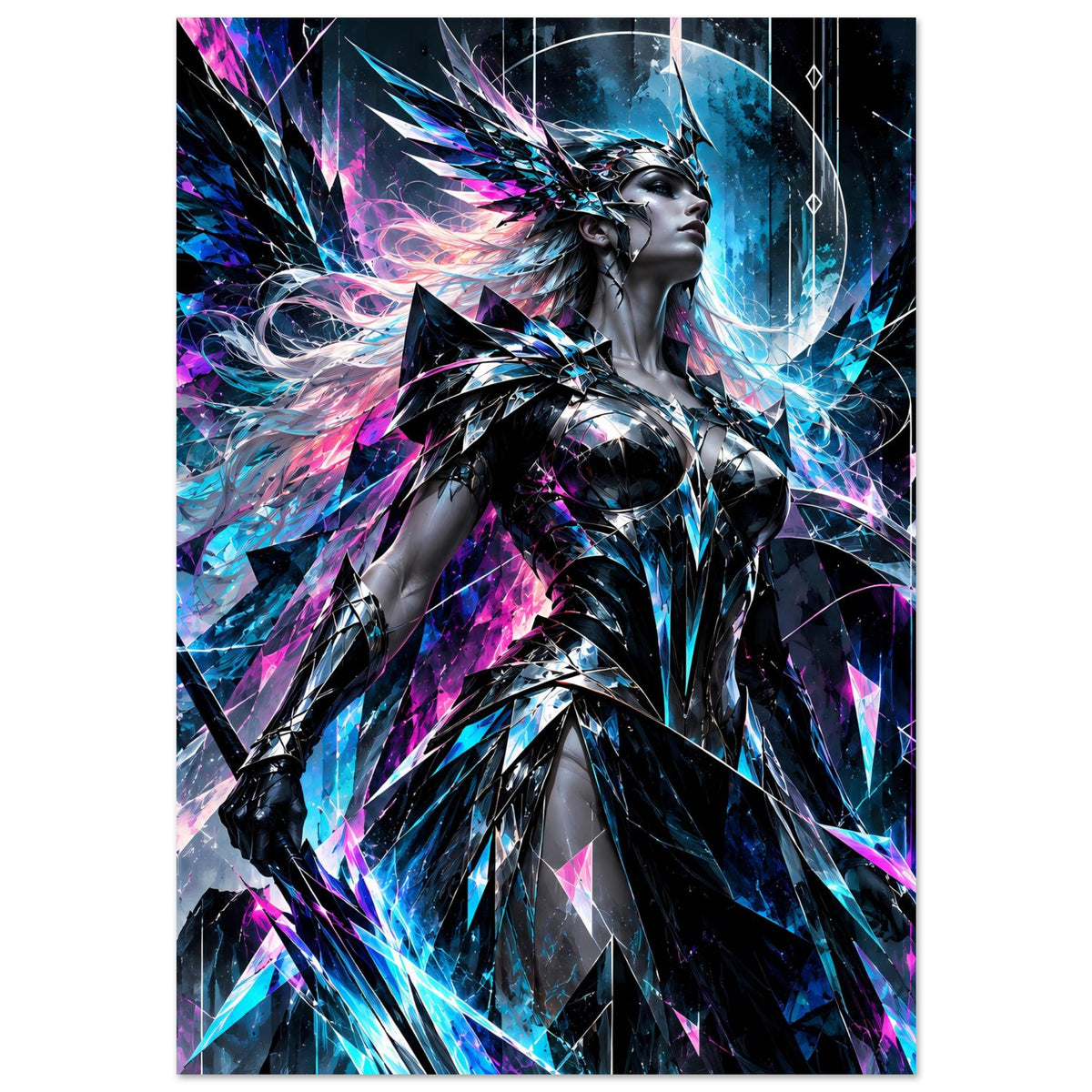 Neonfarbener Posterprint mit Valkyrie in silberner Rüstung, umgeben von blau-pinken Lichtlinien