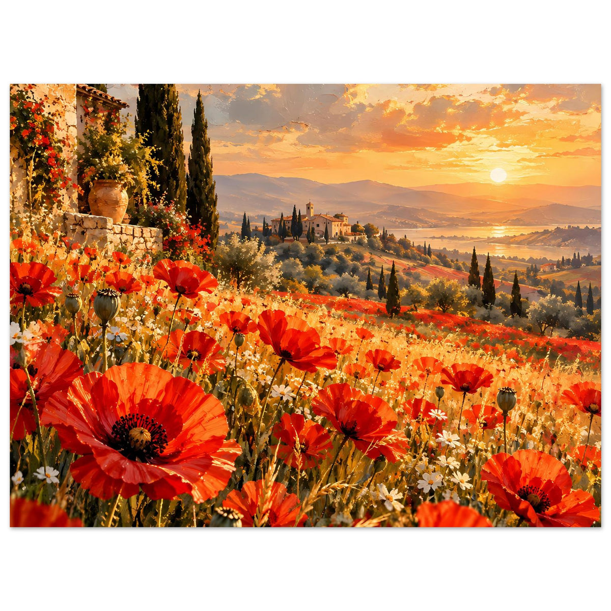 Poster mit Mohnblumen, Zypressen und goldener Abendsonne