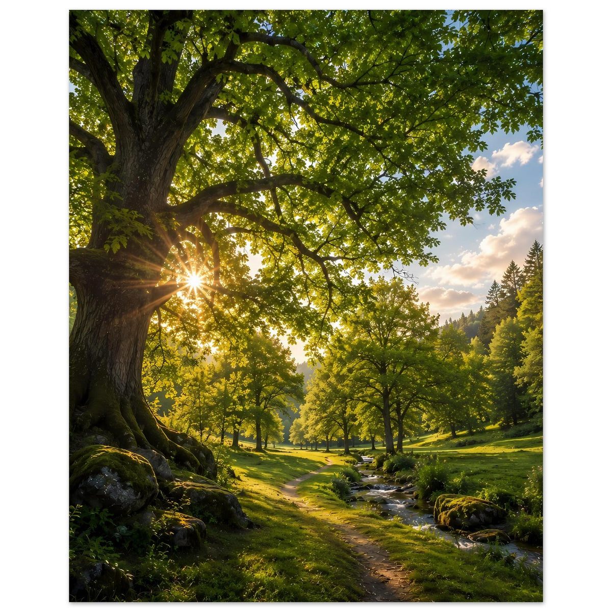 Wandposter mit Waldweg im Lichtkegel, Bachlauf zwischen Büschen und Moos