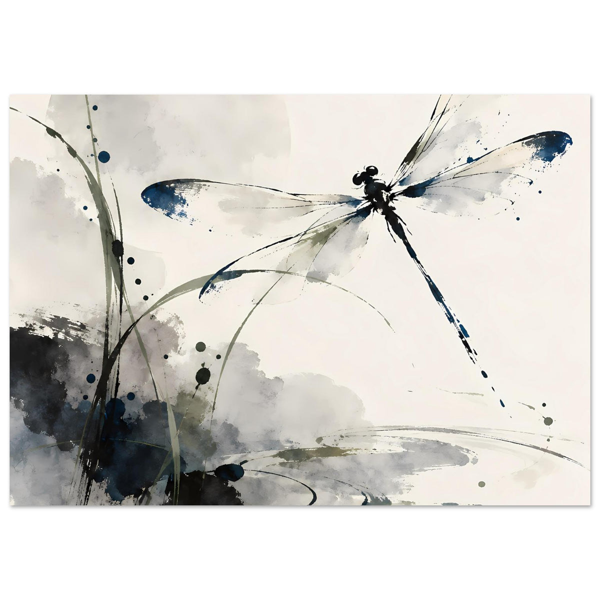 Querformat-Aquarell-Poster mit Libelle in Blau und Grau, abstrakte Spritzer und Pinselstriche.