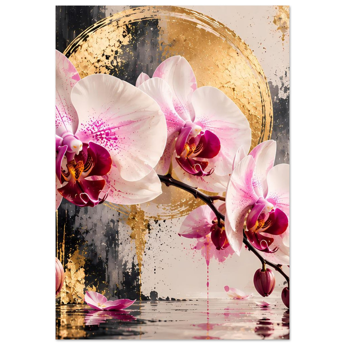 Orchideen-Poster mit goldener Kreislinie, drei weiße Orchideenblüten und lila Knospen