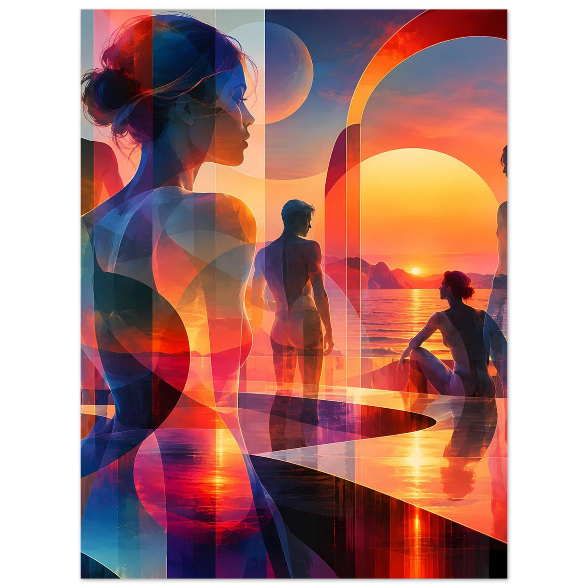 Kunstposter: abstrakter Sonnenuntergang mit Silhouetten, Orange-Blau, Meer-Reflexe