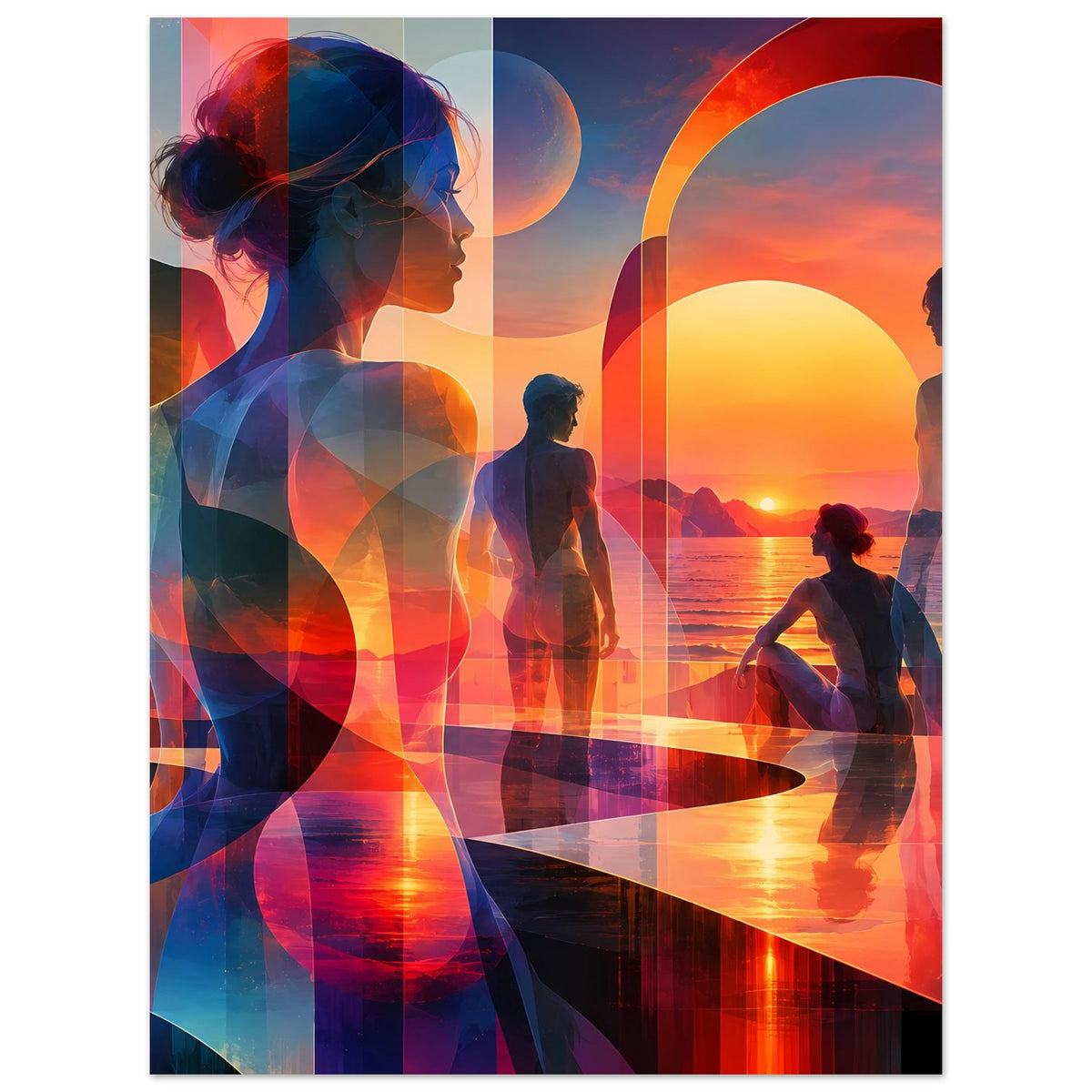 Hochformatiges Kunstposter mit abstrakten Formen, menschlichen Silhouetten und orange-blauem Himmel