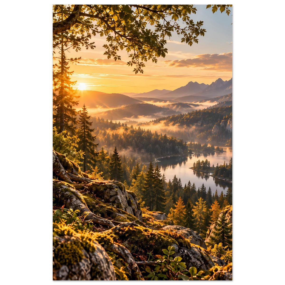 Landschaftsposter mit Sonnenaufgang über Bergen und See, eingerahmt von Bäumen