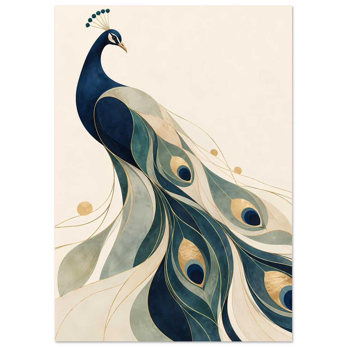 Pfau-Porträtposter mit blau-grünen Federn, goldfarbenen Akzenten und großen Augen