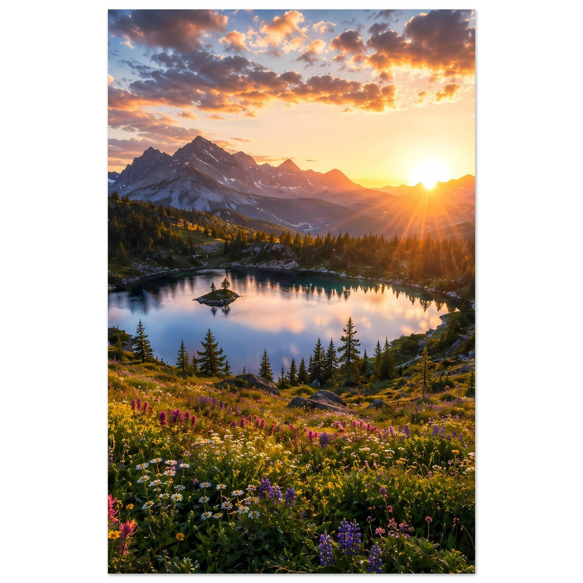 Poster im Hochformat mit Bergsee, untergehender Sonne und buntem Blumenteppich.