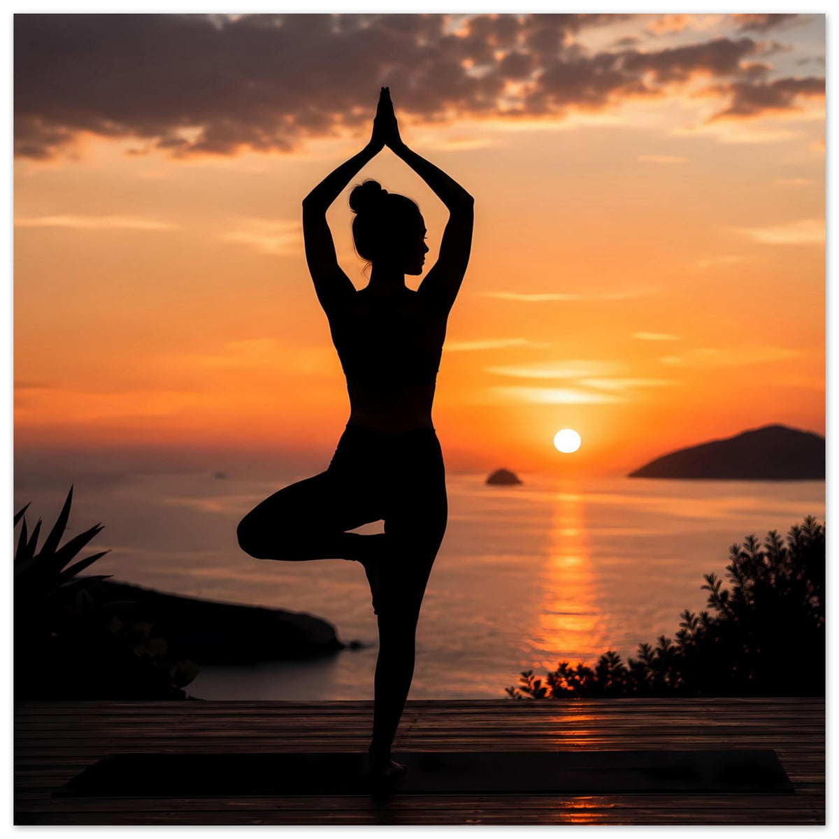 Yoga-Posenposter im Hochformat: Silhouette im Lotussitz, Sonnenuntergang über dem Wasser