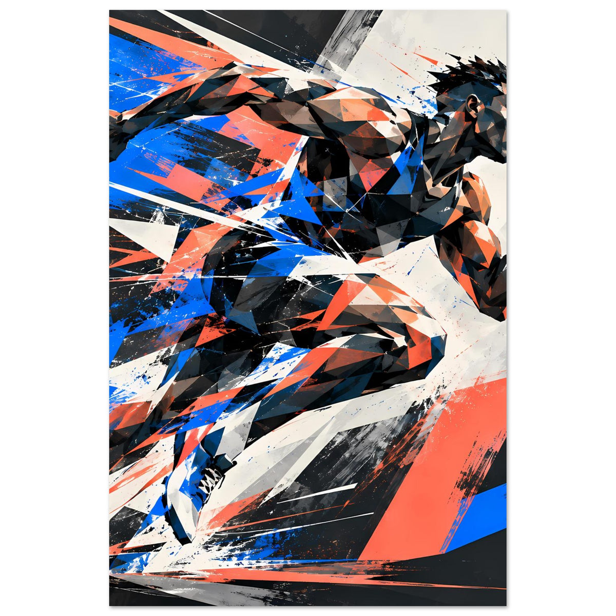 Poster mit dynamischem Läufer-Motiv, vertikal: abstrakte Figur in Blau, Schwarz und Orange