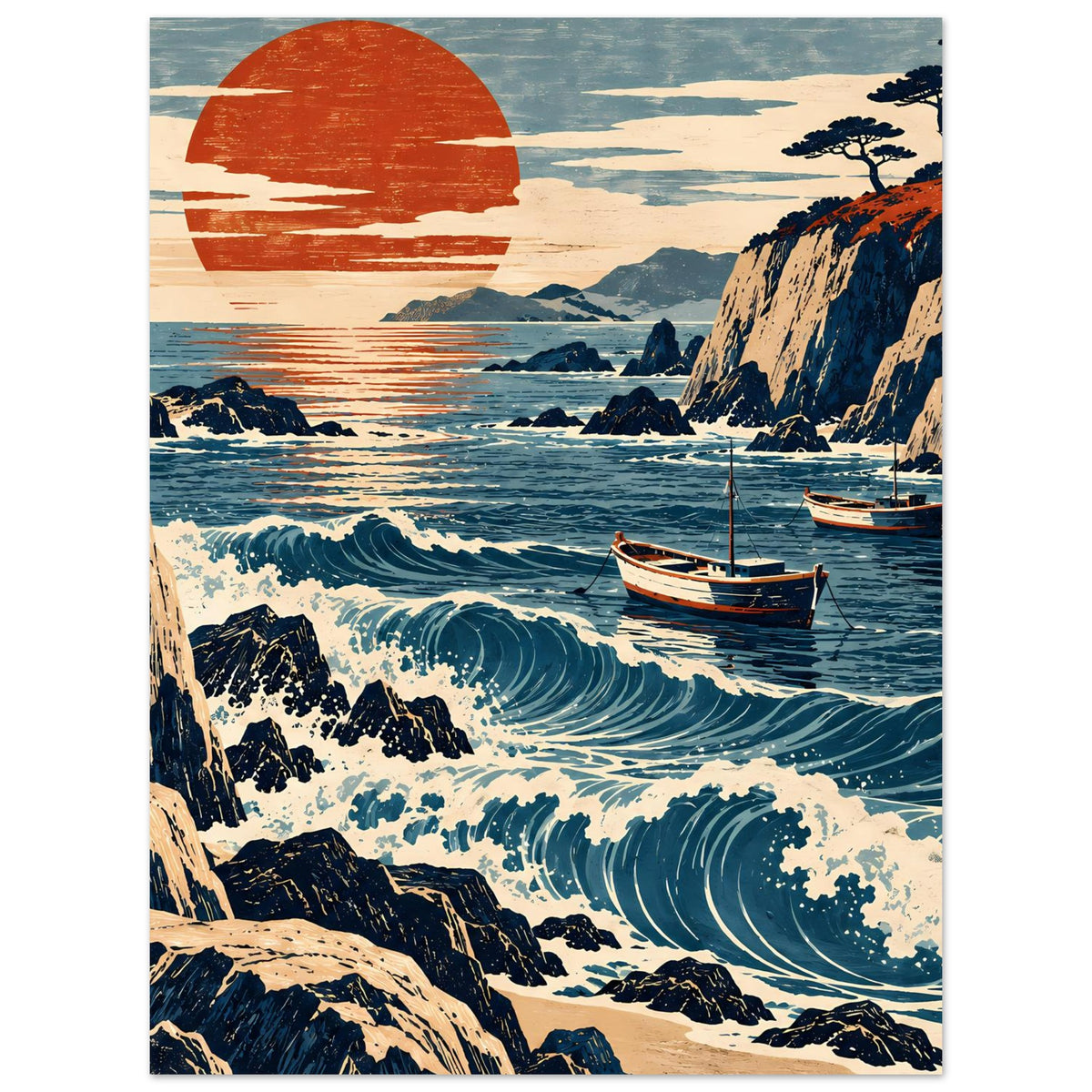 Meerlandschafts-Poster mit orangefarbener Sonne, Wellenverlauf, Klippen und Segelboot im Vordergrund