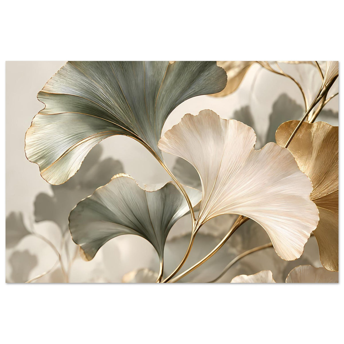 Ginkgo-Blätter Poster mit hellen Blütenblättern in Creme, Grün und goldenen Details.