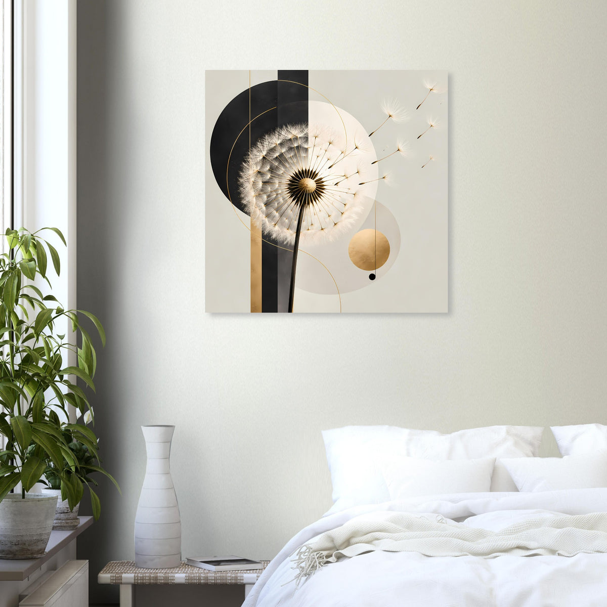 Gerahmtes Poster mit Pusteblume-Motiv in Schwarz-Weiß und Gold