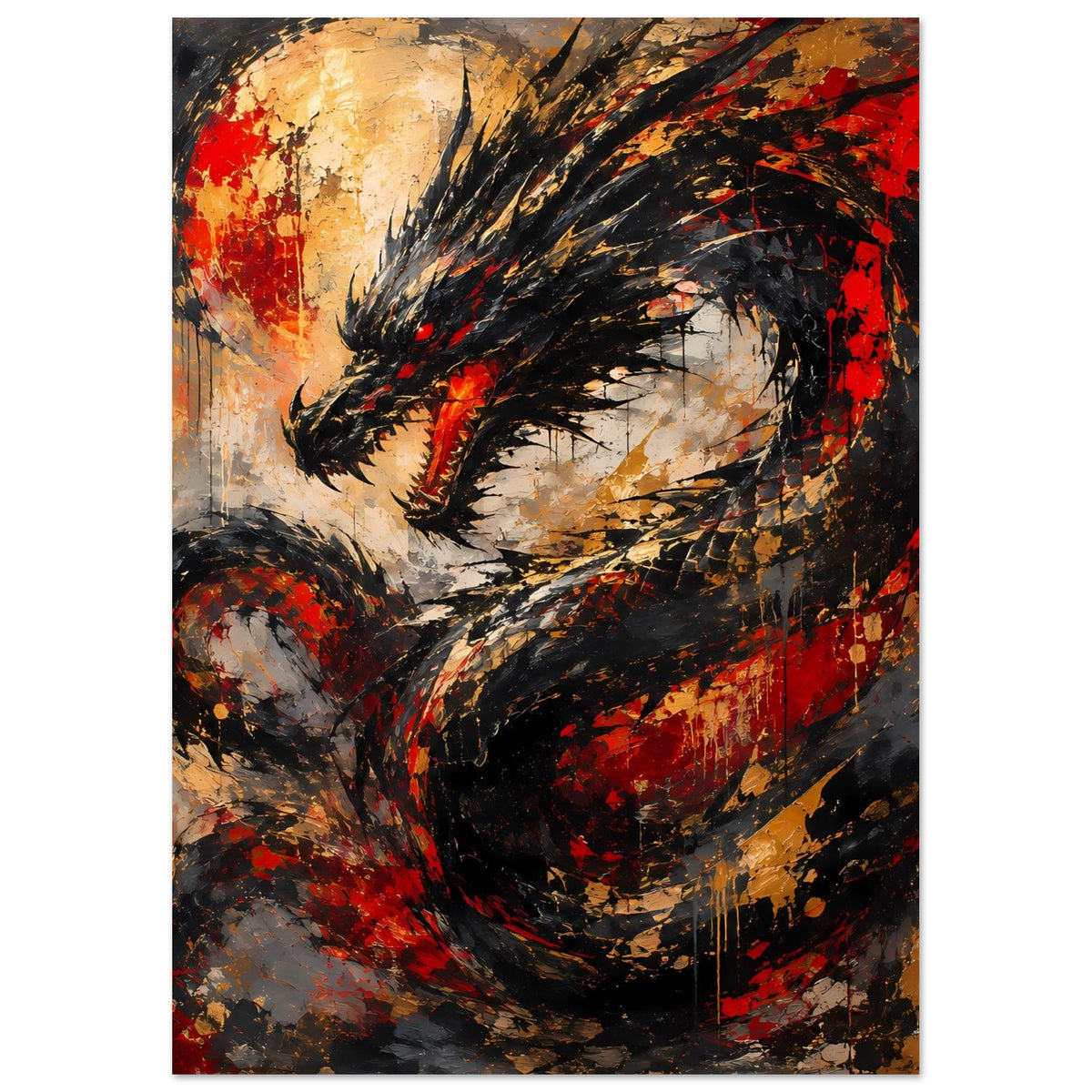 Abstraktes Drachen-Poster in Rot und Schwarz mit dynamischen Pinselstrichen